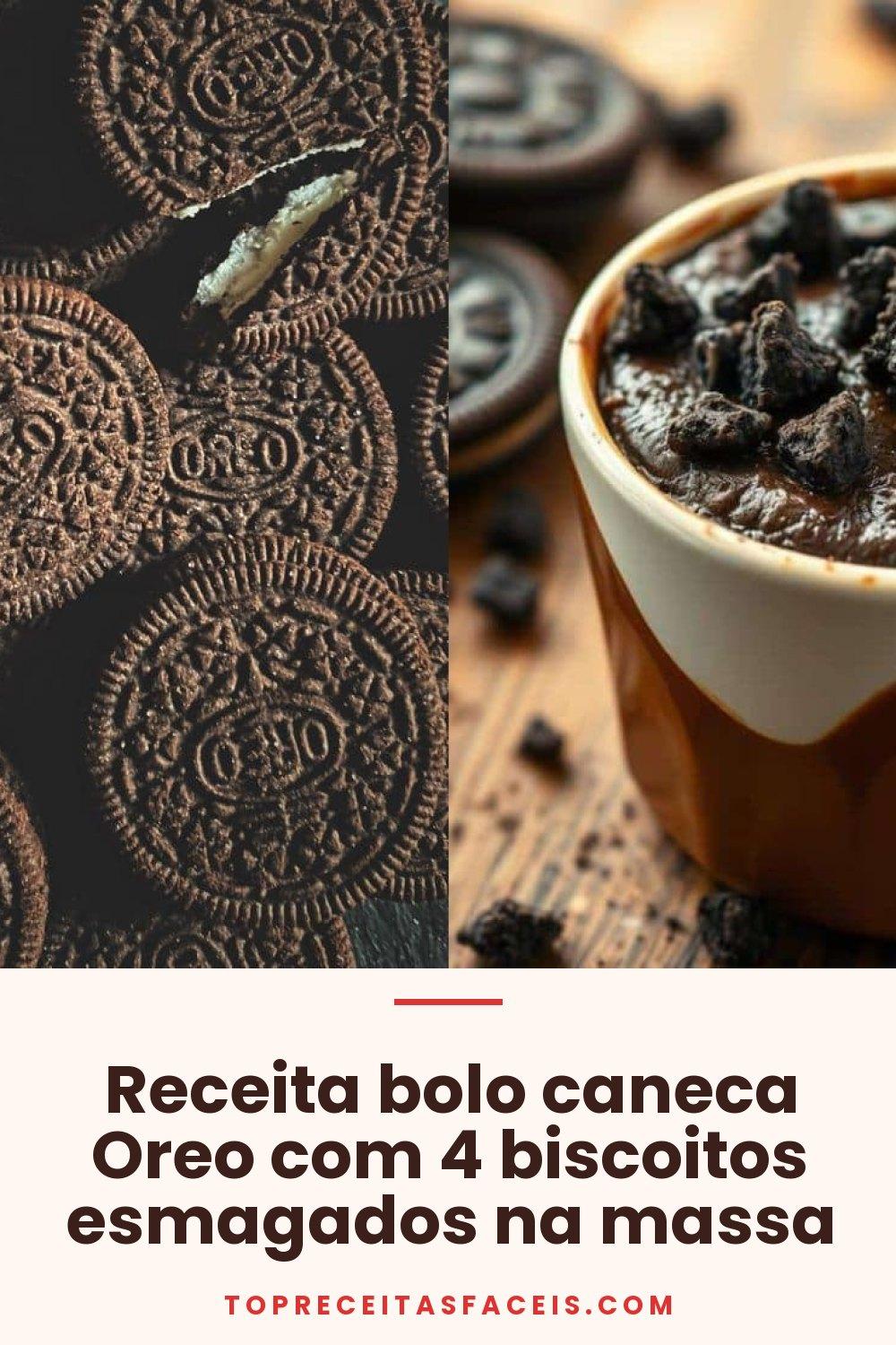 Receita bolo caneca Oreo com 4 biscoitos esmagados na massa