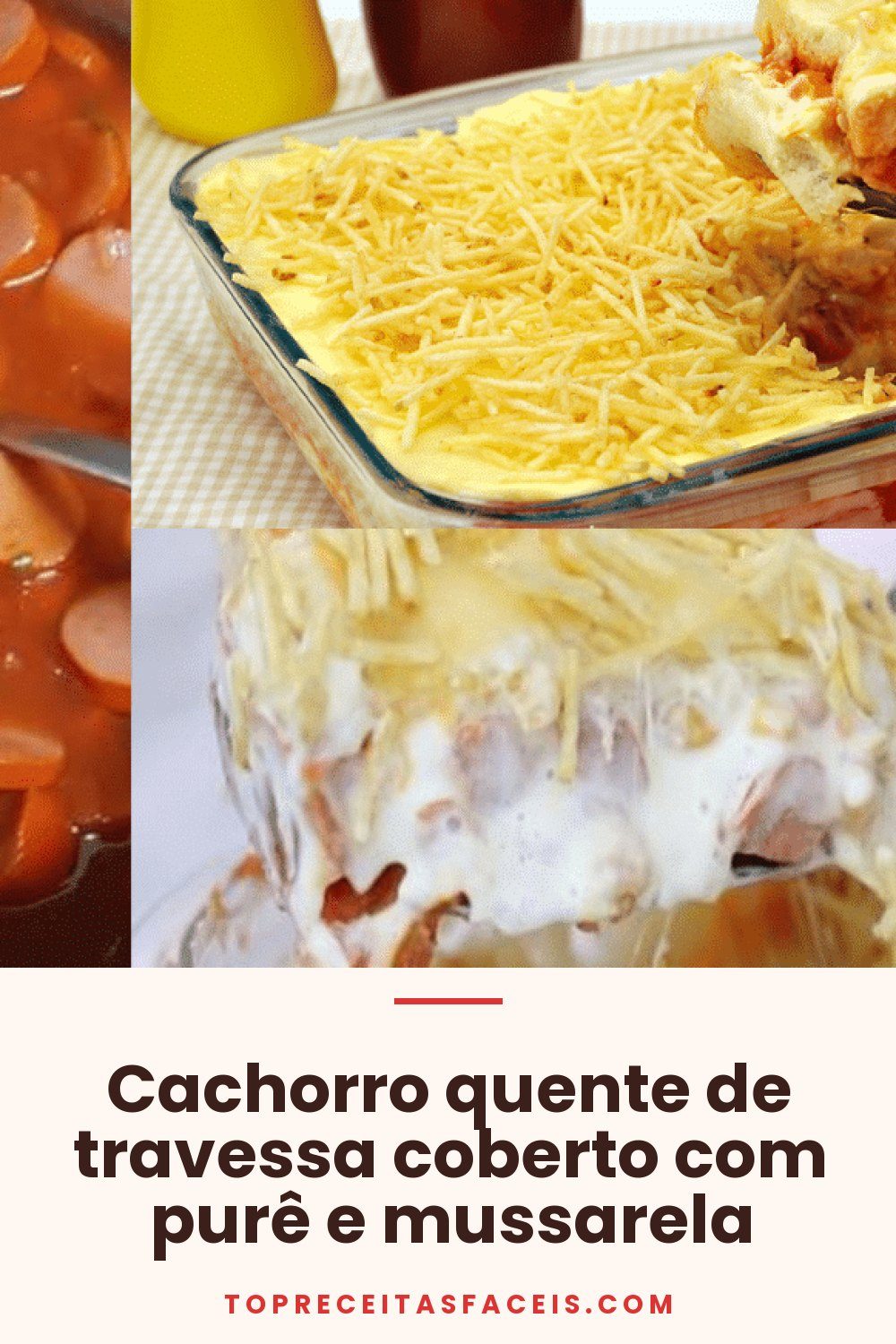 Cachorro quente de travessa coberto com purê e mussarela