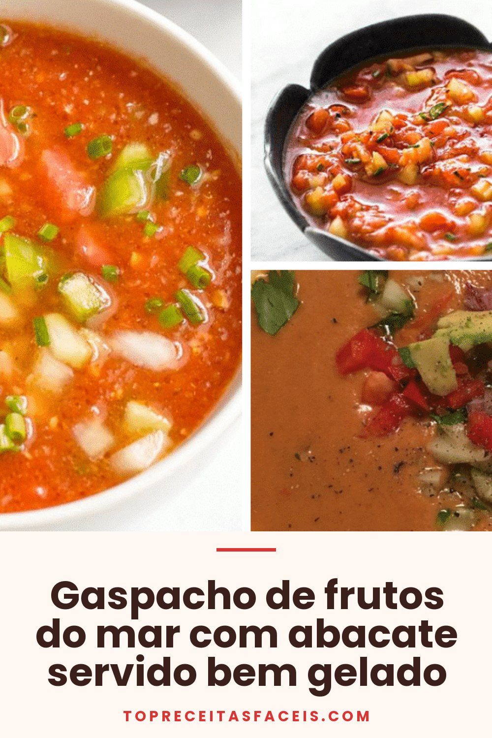 Gaspacho de frutos do mar com abacate servido bem gelado
