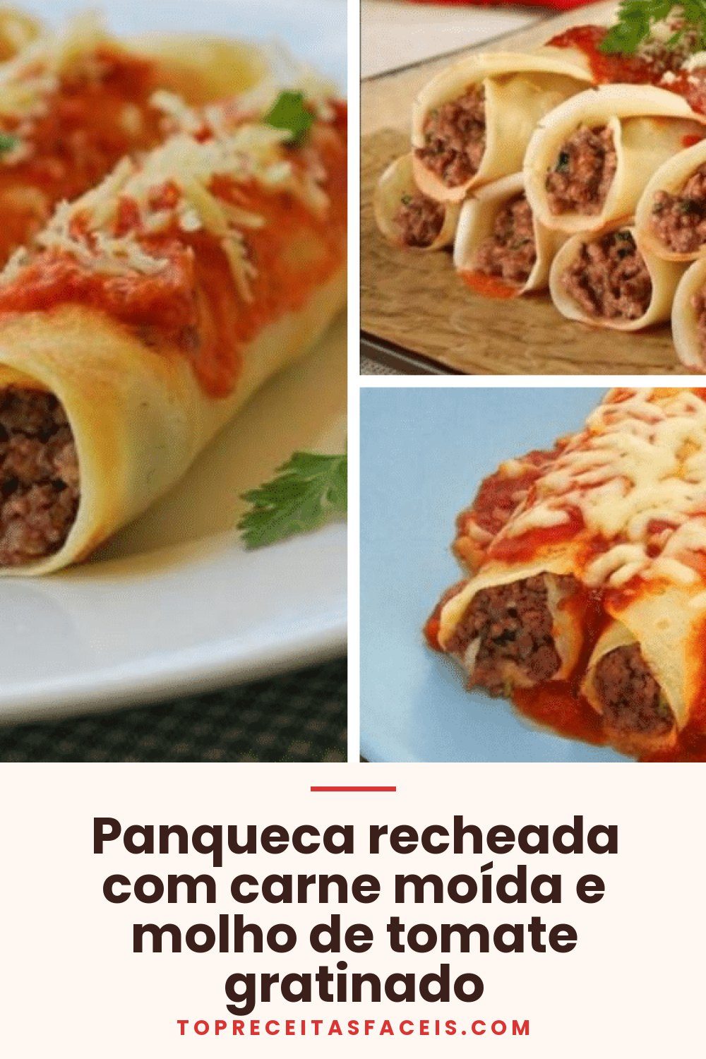 Panqueca recheada com carne moída e molho de tomate gratinado