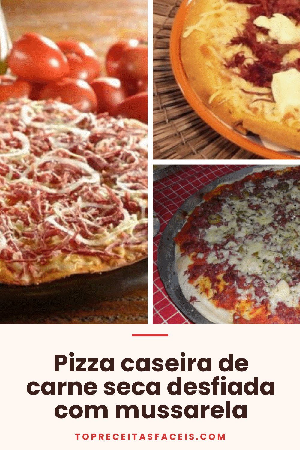 Pizza caseira de carne seca desfiada com mussarela
