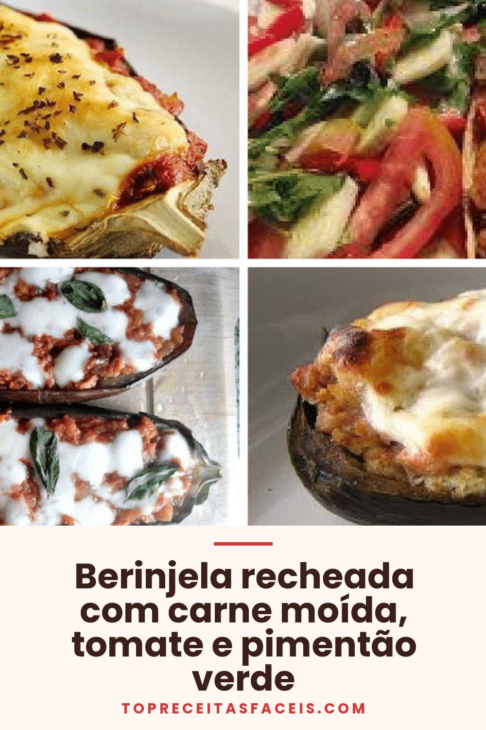 Berinjela recheada com carne moída, tomate e pimentão verde