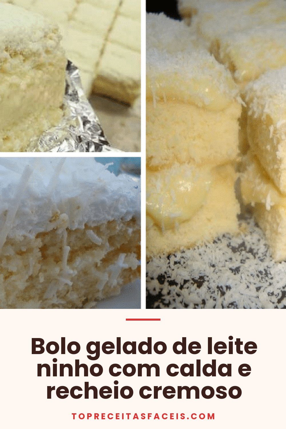 Bolo gelado de leite ninho com calda e recheio cremoso
