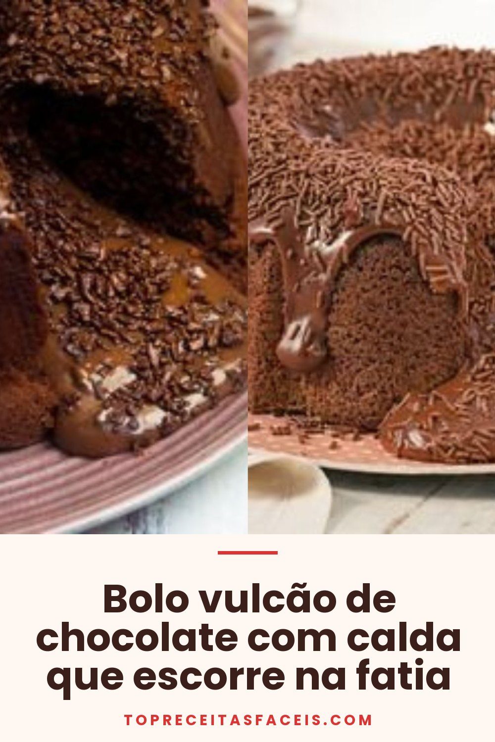 Bolo vulcão de chocolate com calda que escorre na fatia