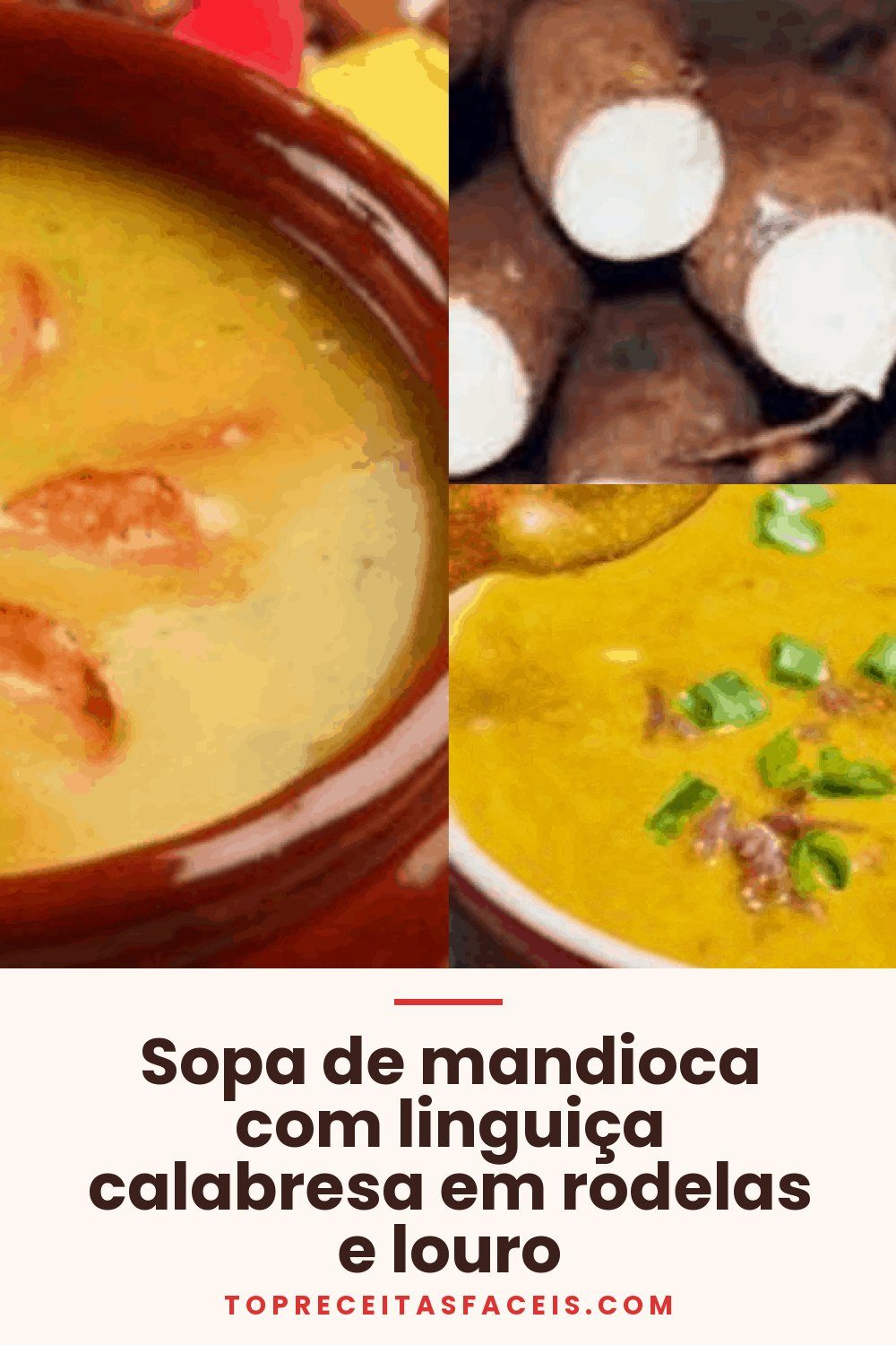 Sopa de mandioca com linguiça calabresa em rodelas e louro