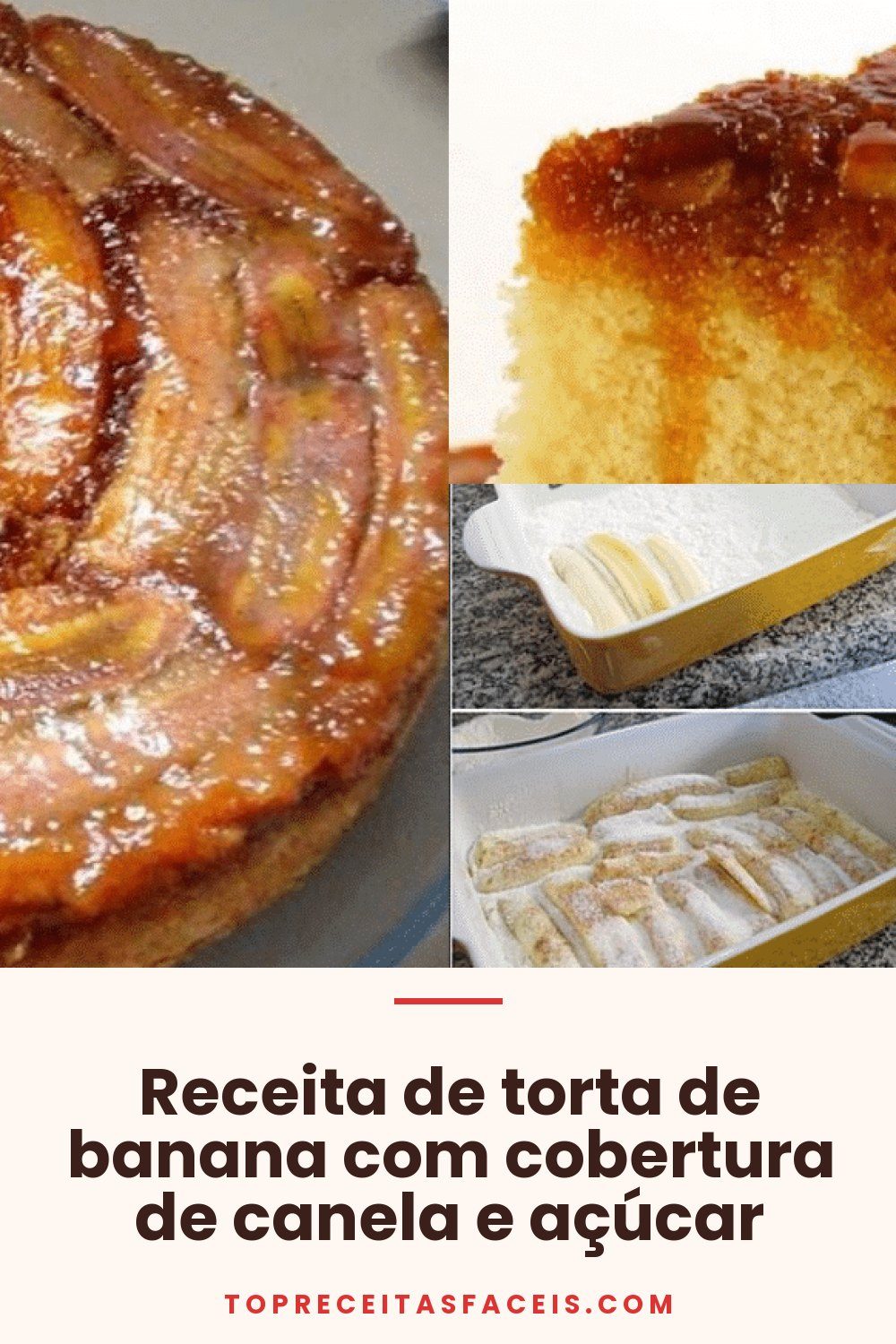 Receita de torta de banana com cobertura de canela e açúcar