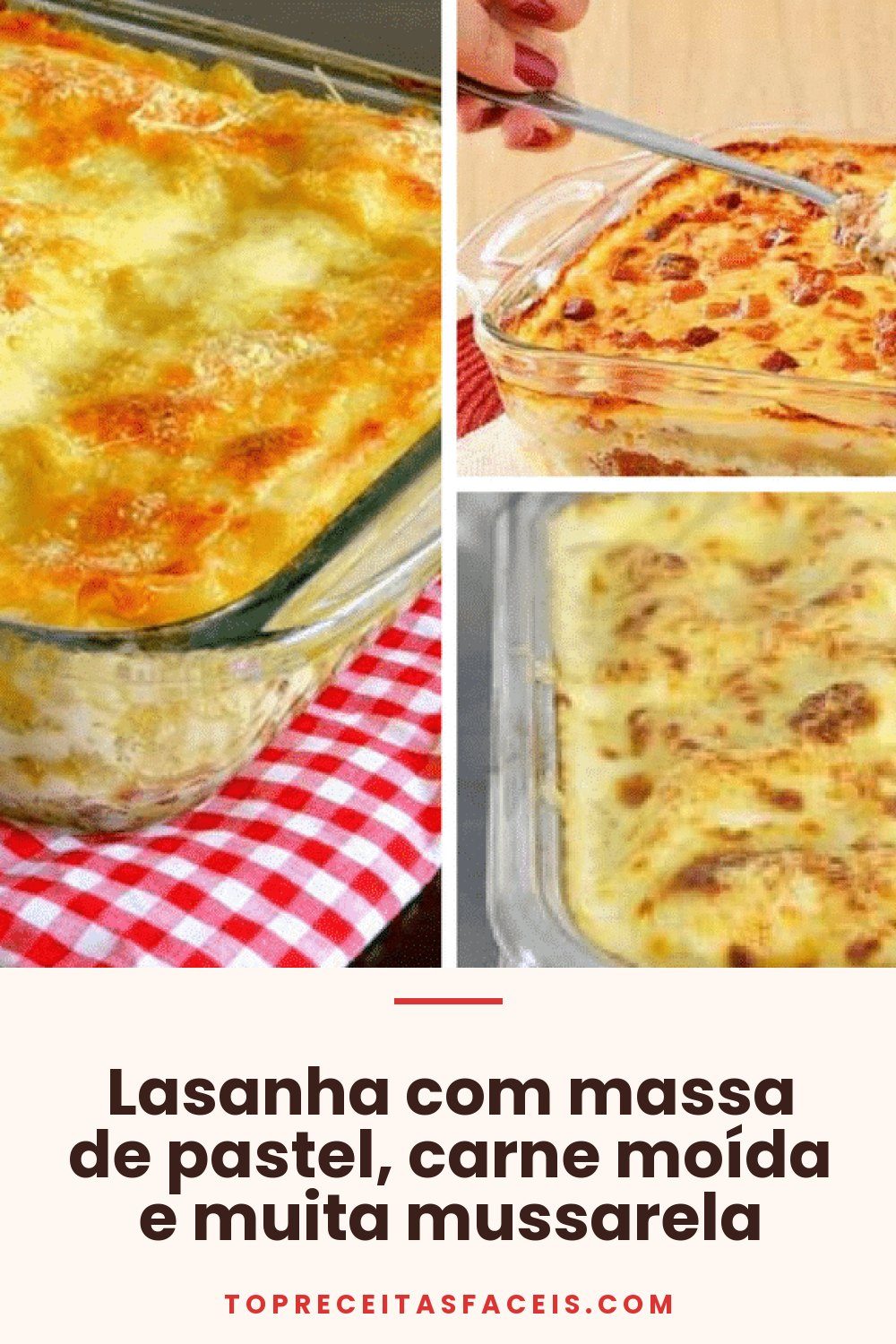 Lasanha com massa de pastel, carne moída e muita mussarela