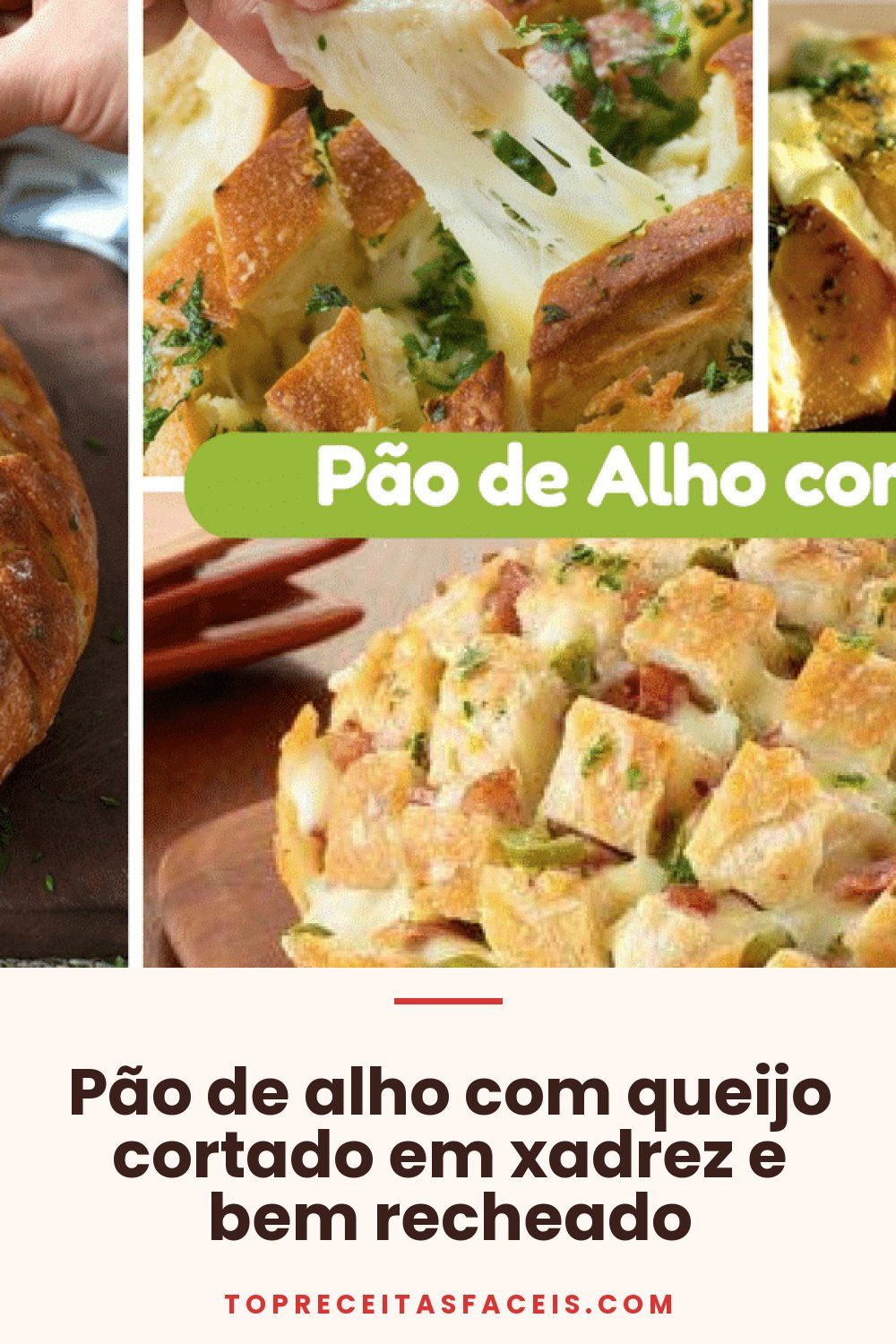 Pão de alho com queijo cortado em xadrez e bem recheado